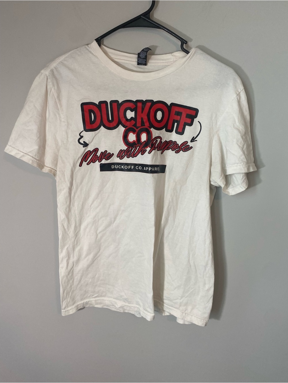 “Duckoff” White Short Sleeve Tee with Red & Black Graphic